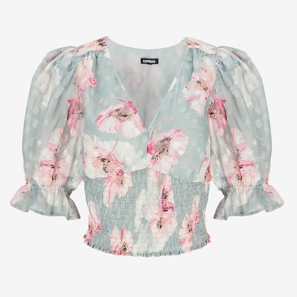 💚5 for $20💚 NEW Express Floral Clip Dot Print Smocked Waist Top - Picture 2 of 10